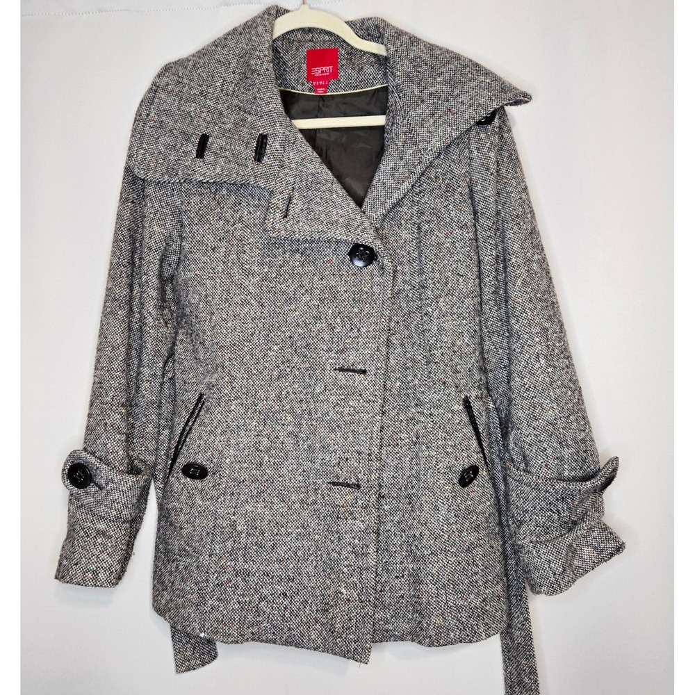 Esprit VTG Outerwear Womens Gray Tweed Belted Winter Coat Jacket Stylish Wool S